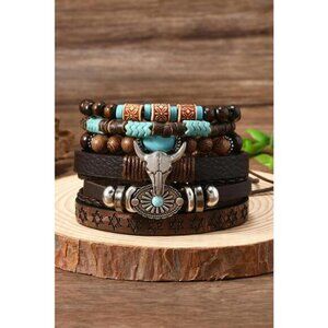 Western Bull Skull Turquoise Beading Bracelet Set - 6 pieces